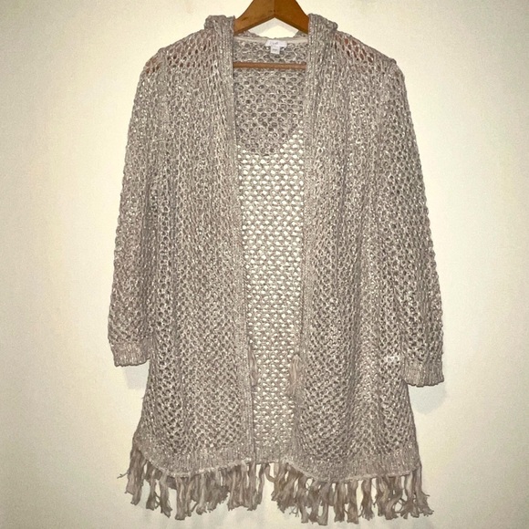 Women’s J.Jill Natural Crochet Knit Open Front Hoodie Cardigan sweater Top S - Picture 1 of 7